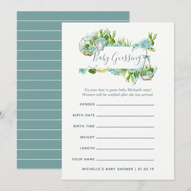 Watercolor Succulents Boy Baby Predictions Game Invitation (Front/Back)