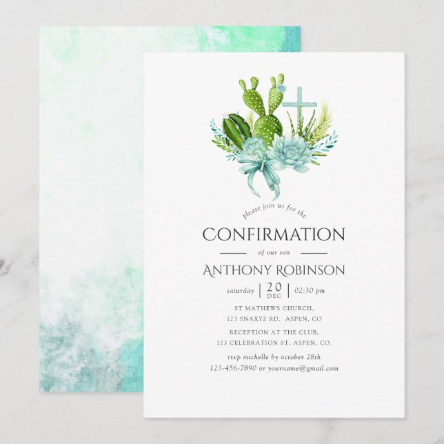 Watercolor Succulents Boy Confirmation Invitation (Front/Back)