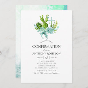 Watercolor Succulents Boy Confirmation Invitation