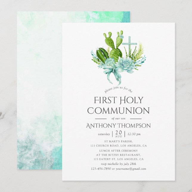 Watercolor Succulents Boy First Holy Communion Invitation (Front/Back)