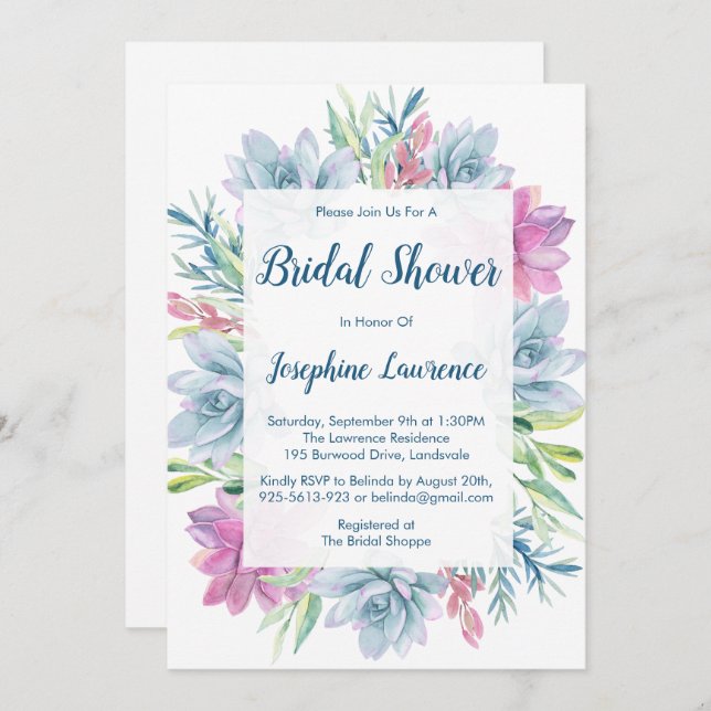 Watercolor Succulents Bridal Shower Invitation (Front/Back)