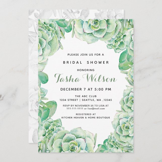 Watercolor Succulents Bridal Shower Invite (Front/Back)