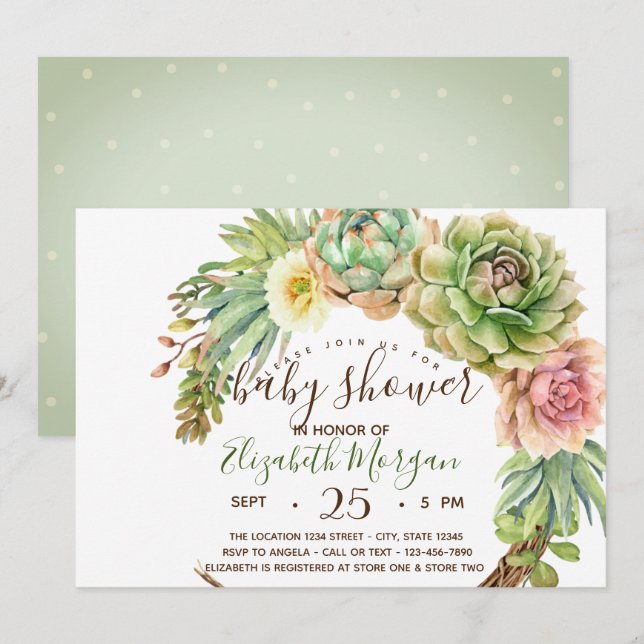 Watercolor  Succulents, Cactus Dots Baby Shower Invitation (Front/Back)