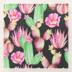 Watercolor succulents: cactus floral pattern. glass coaster