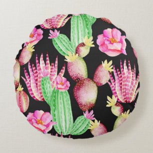 Watercolor succulents: cactus floral pattern. round cushion
