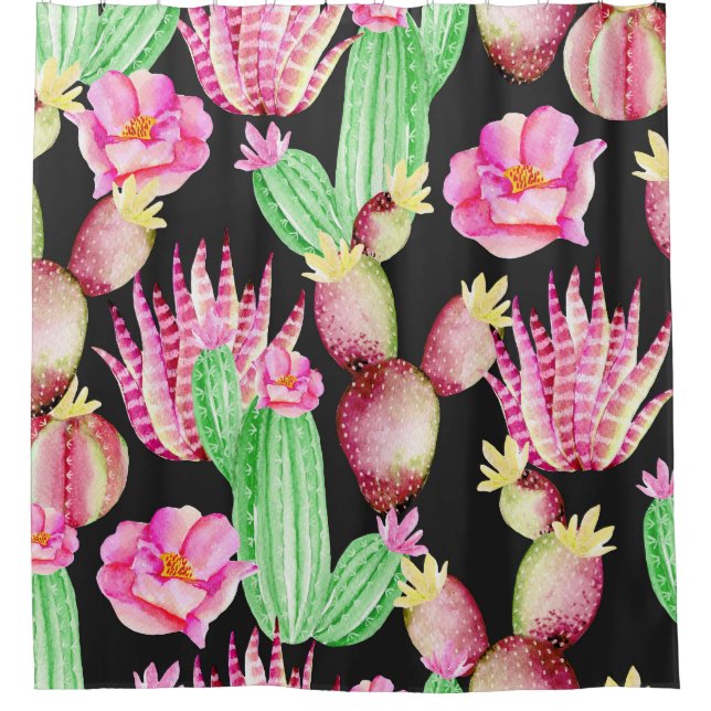 Watercolor succulents: cactus floral pattern. shower curtain (Front)