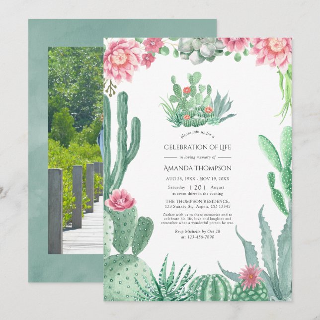 Watercolor Succulents Celebration of Life Photo Invitation (Front/Back)