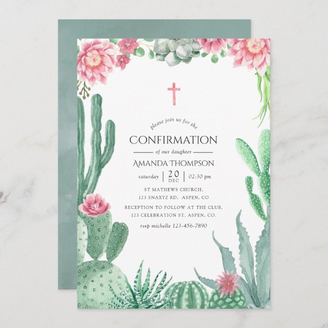 Watercolor Succulents Confirmation Invitation (Front/Back)