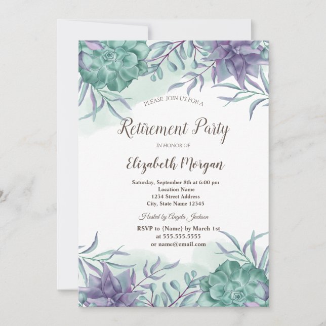 Watercolor Succulents Desert Retirement  Invitation (Front)