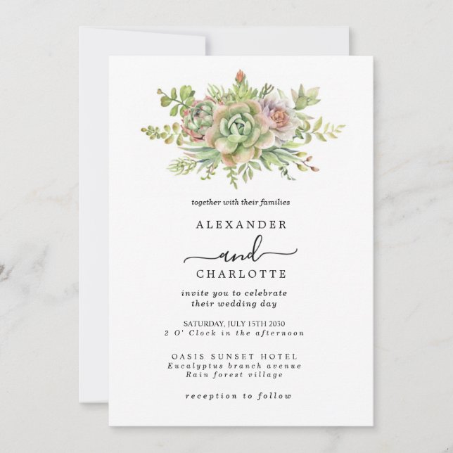 Watercolor Succulents Elegant Floral Typography Invitation (Front)