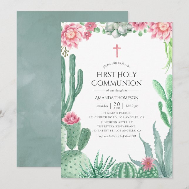 Watercolor Succulents First Holy Communion Invitation (Front/Back)