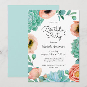 Watercolor Succulents Floral Birthday Party Invitation