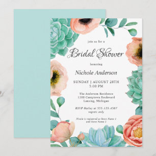 Watercolor Succulents Floral Bridal Shower Invitation