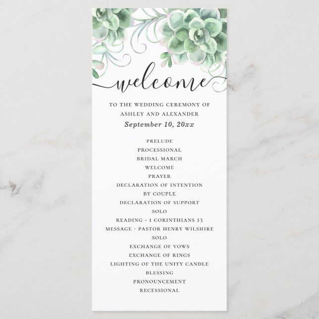 Watercolor succulents. Floral cactus wedding Programme (Front)