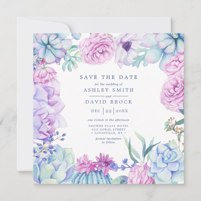 Watercolor Succulents Floral Pastel Save The Date (Front)
