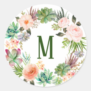 Watercolor Succulents Floral Wreath Monogram Classic Round Sticker