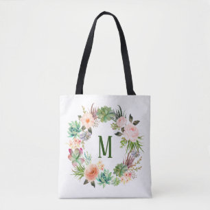 Watercolor Succulents Floral Wreath Monogram Tote Bag