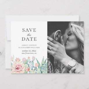 Watercolor succulents flowers. Floral cactus photo Save The Date