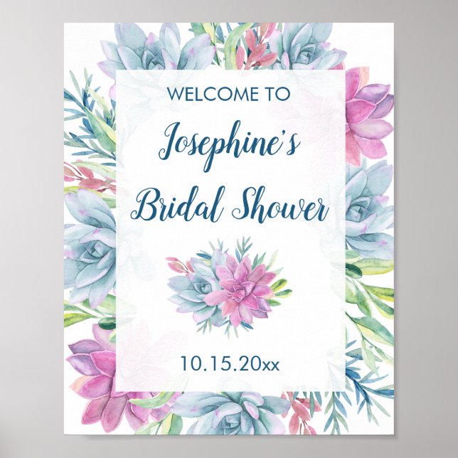 Watercolor Succulents Foliage Bridal Shower Poster (Front)