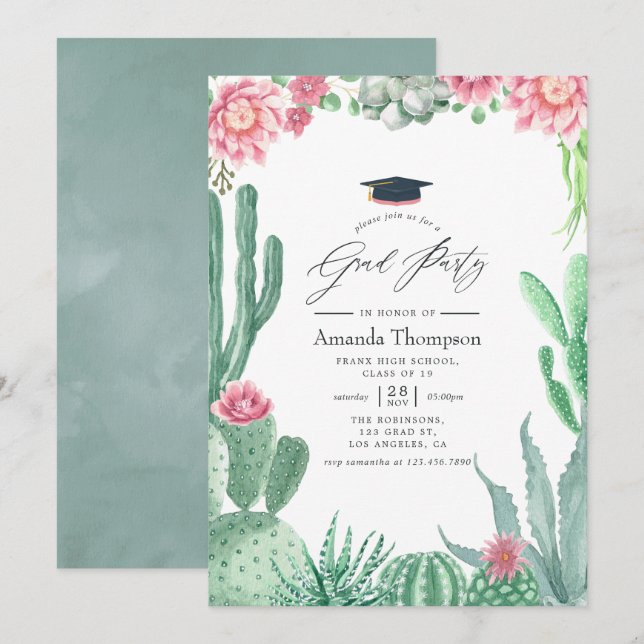Watercolor Succulents Graduation Party Invitation (Front/Back)