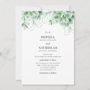 Watercolor succulents. Greenery cactus wedding Invitation