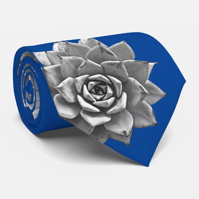 Watercolor Succulents Grey on Blue Tie (Rolled)