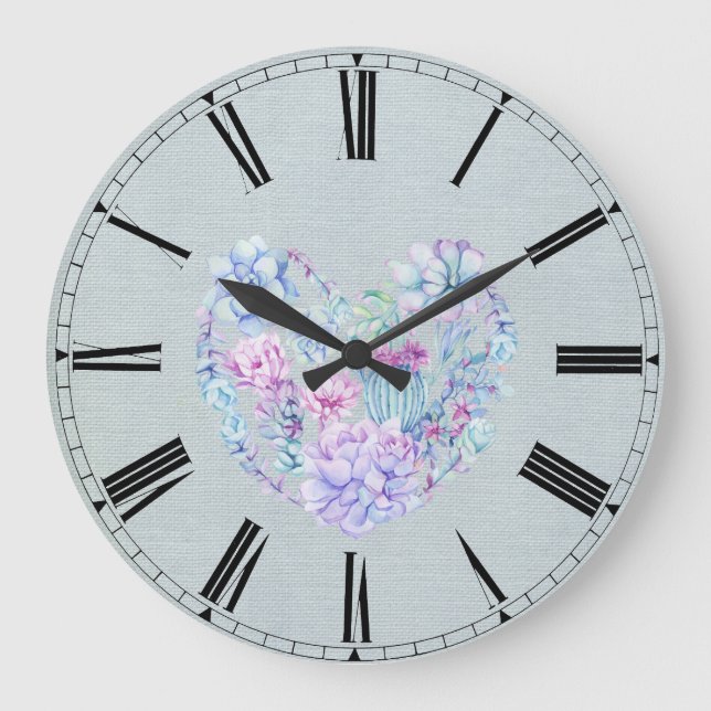 Watercolor Succulents Heart Large Clock (Front)