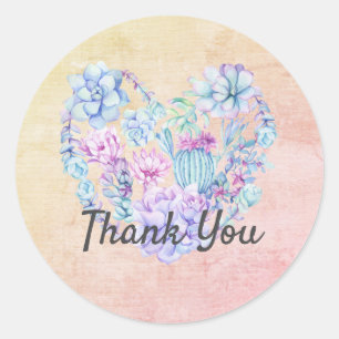 Watercolor Succulents Heart Thank You   Classic Round Sticker