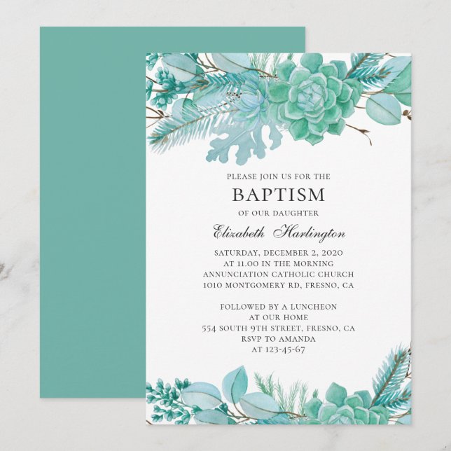 Watercolor succulents. Neutral mint winter baptism Invitation (Front/Back)