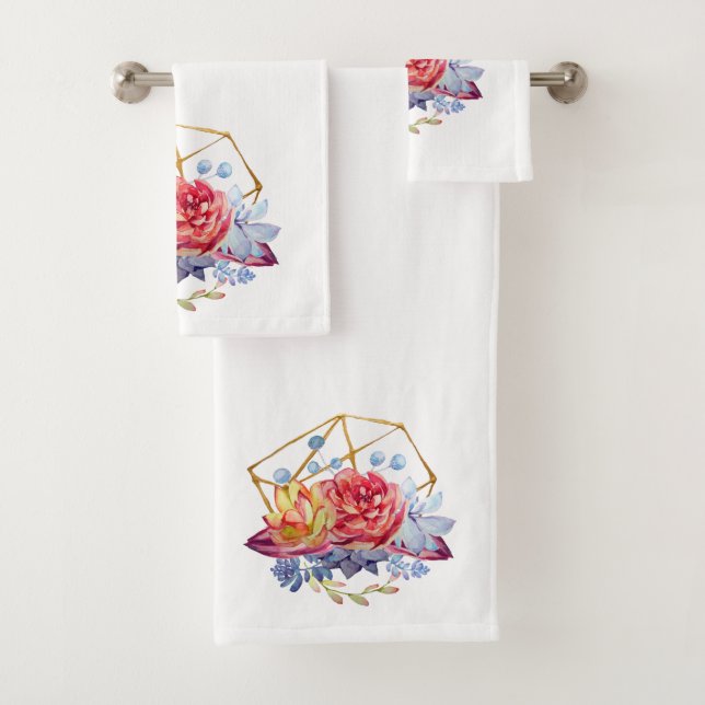 Watercolor Succulents On White   Bath Towel Set (Insitu)