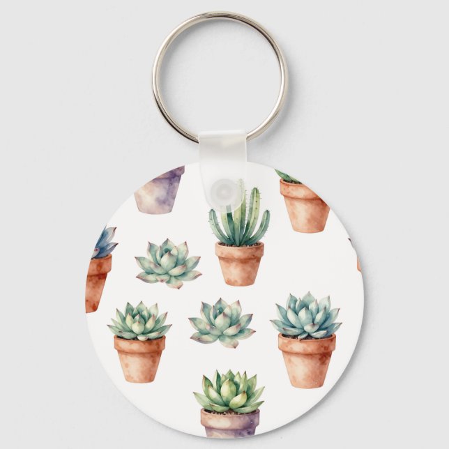 Watercolor Succulents Pattern Key Ring (Front)