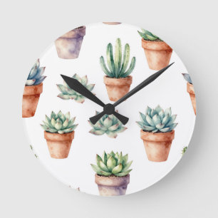 Watercolor Succulents Pattern Round Clock