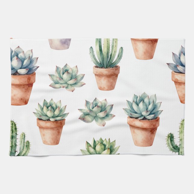 Watercolor Succulents Pattern Tea Towel (Horizontal)