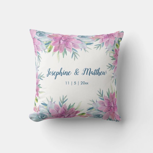 Watercolor Succulents Personalised Wedding Cushion (Front)