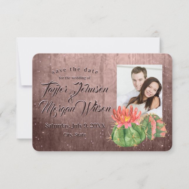 Watercolor Succulents Photo Peach Save The Date Invitation (Front)