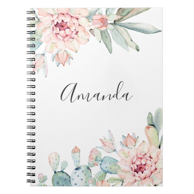 Watercolor succulents. Pink floral cactus. Cacti Notebook (Front)