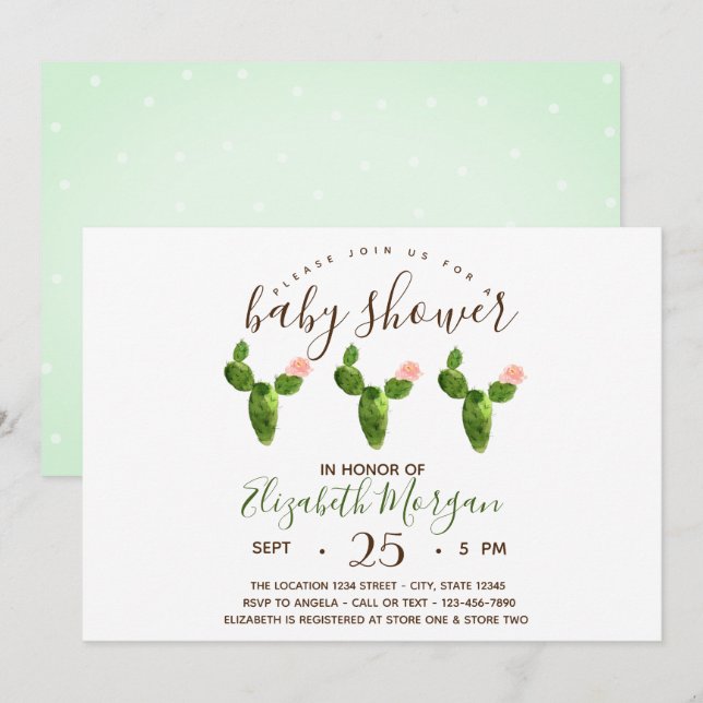 Watercolor  Succulents Polka Dots Baby Shower Invitation (Front/Back)