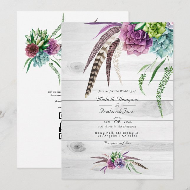 Watercolor Succulents QR Code Bohemian Wedding Invitation (Front/Back)