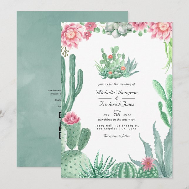Watercolor Succulents QR Code RSVP Wedding Invitation (Front/Back)