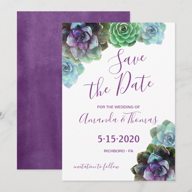 Watercolor Succulents Save the Date Invitation (Front/Back)