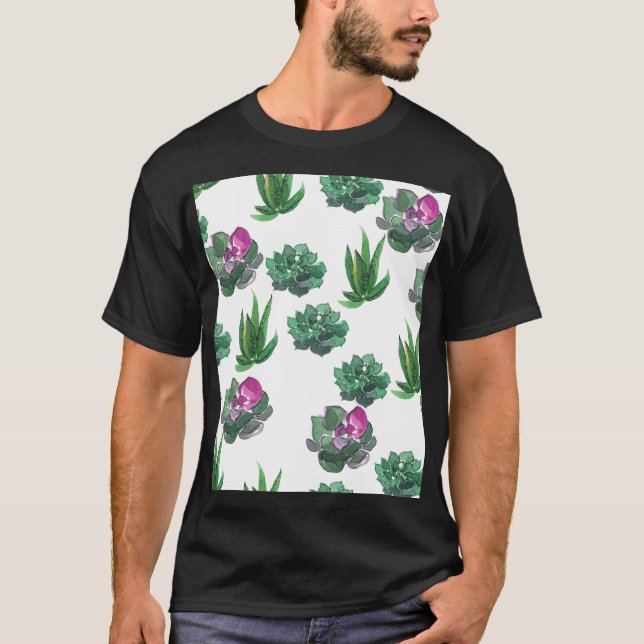 Watercolor Succulents Seamless Pattern Design T-Shirt (Front)