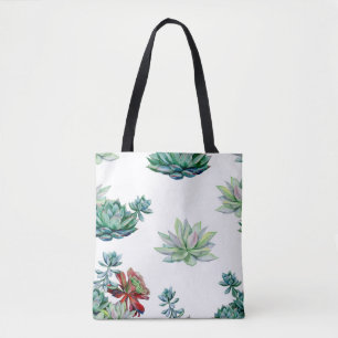 Watercolor succulents seamless pattern, echeveria tote bag