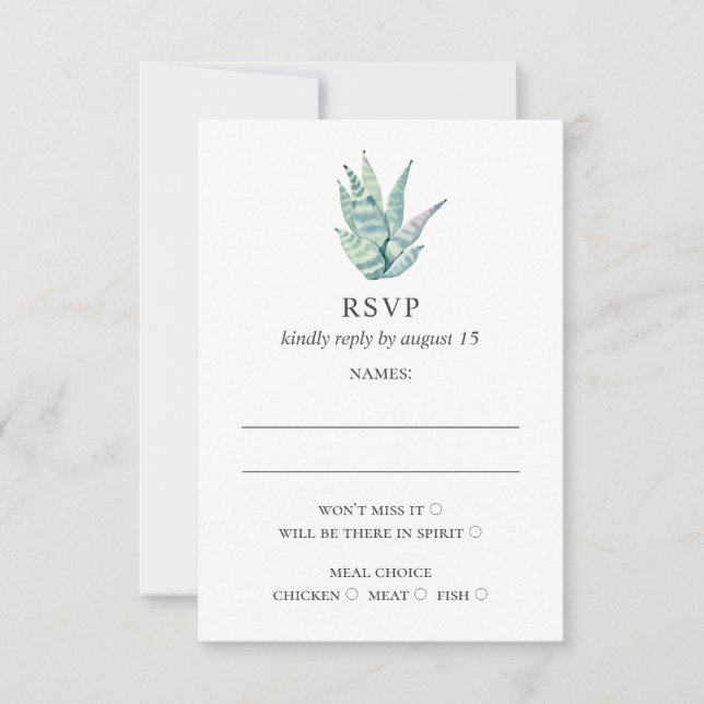 Watercolor succulents. Simple green cactus wedding RSVP Card (Front)