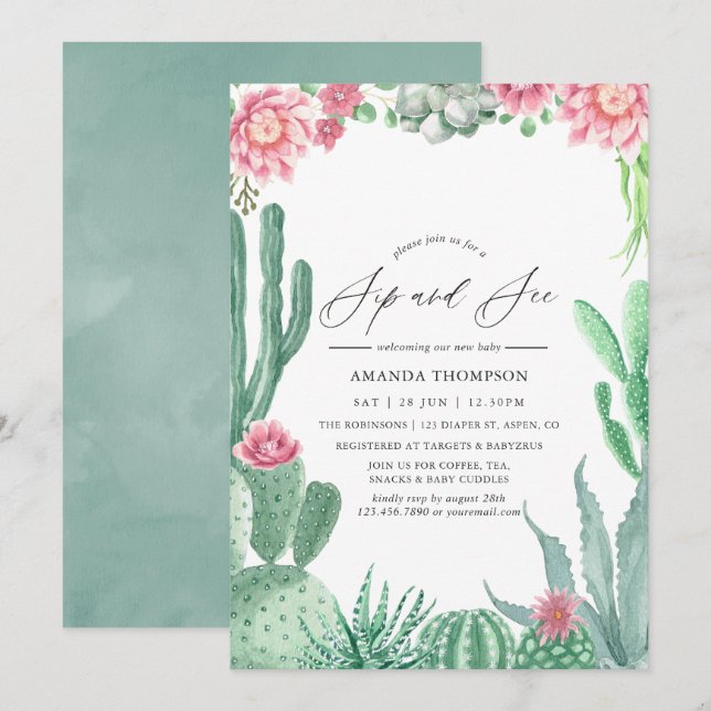 Watercolor Succulents Sip and See Invitation (Front/Back)