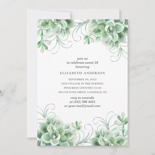 Watercolor succulents Sweet 16. Greenery cactus Invitation (Front)