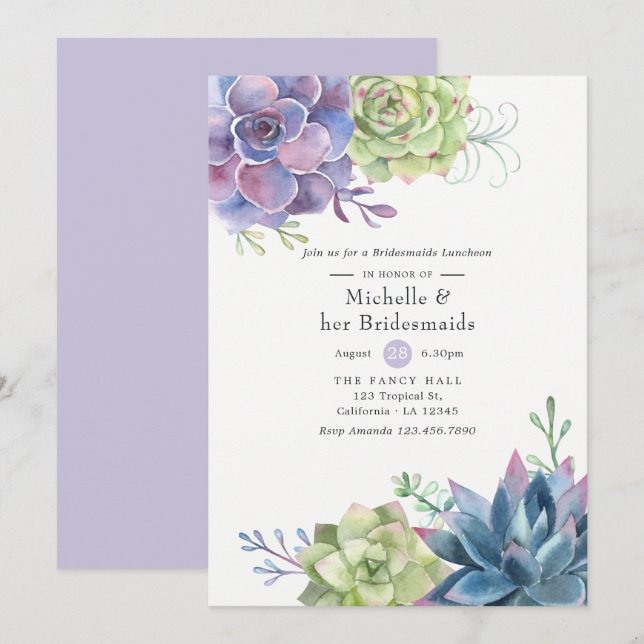 Watercolor Succulents Wedding Bridesmaids Luncheon Invitation (Front/Back)