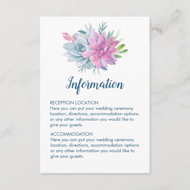 Watercolor Succulents Wedding Information Cards (Front)