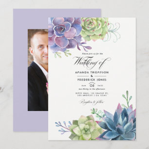 Watercolor Succulents Wedding Photo Invitation
