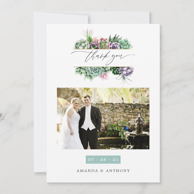 Watercolor Succulents Wedding Photo Thank You Card (Front)