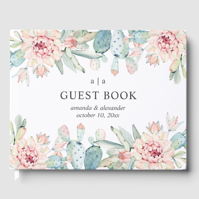 Watercolor succulents wedding. Pink floral cactus Guest Book (Front)